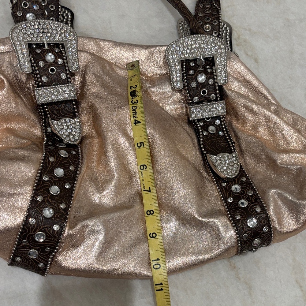 โจCharm & Luck Shiny Pink Leather Handbag with Rhinestone BucklesโGenuine Leather - Picture 11 of 11